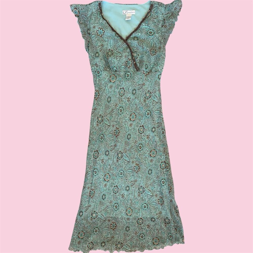 Y2K teal and brown floral print dress with wooden beads and fairy sleeves